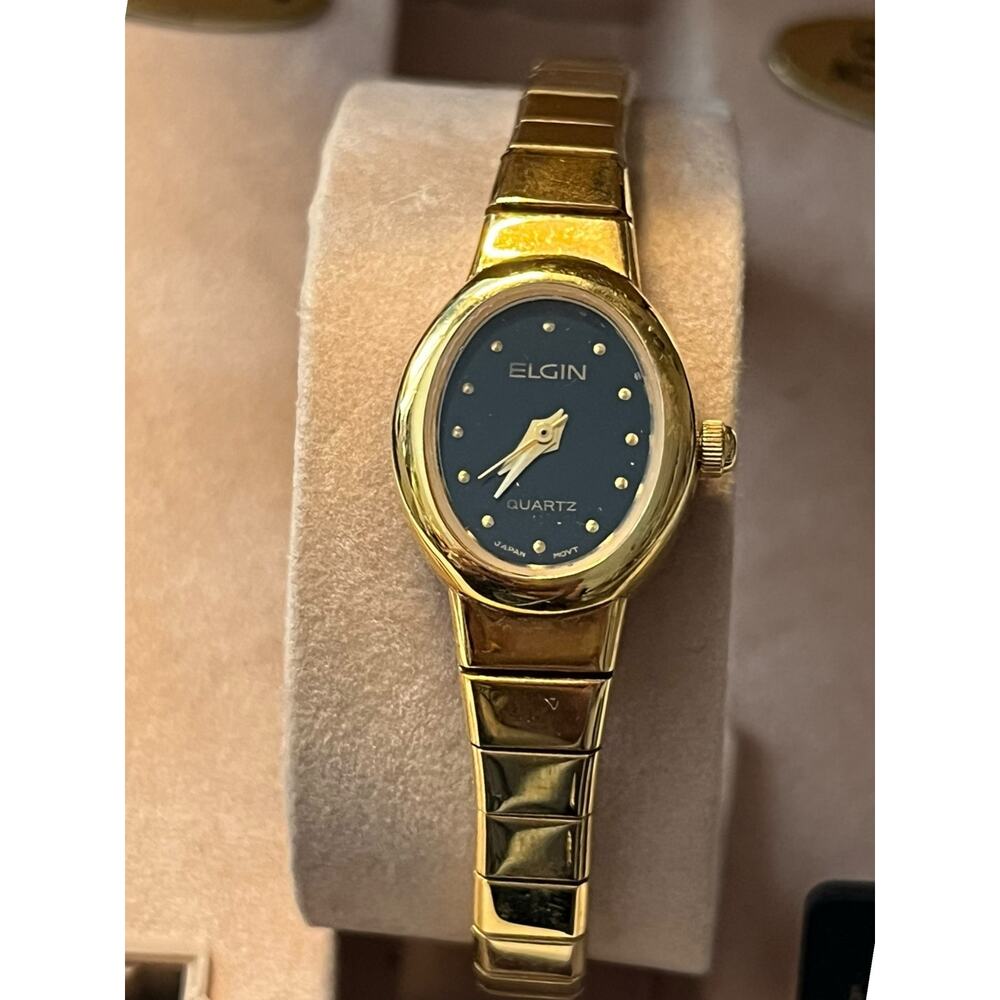 Elgin Ladies Quartz Watch Gold Tone Black Dial EJ192-048 NIB w/new battery
